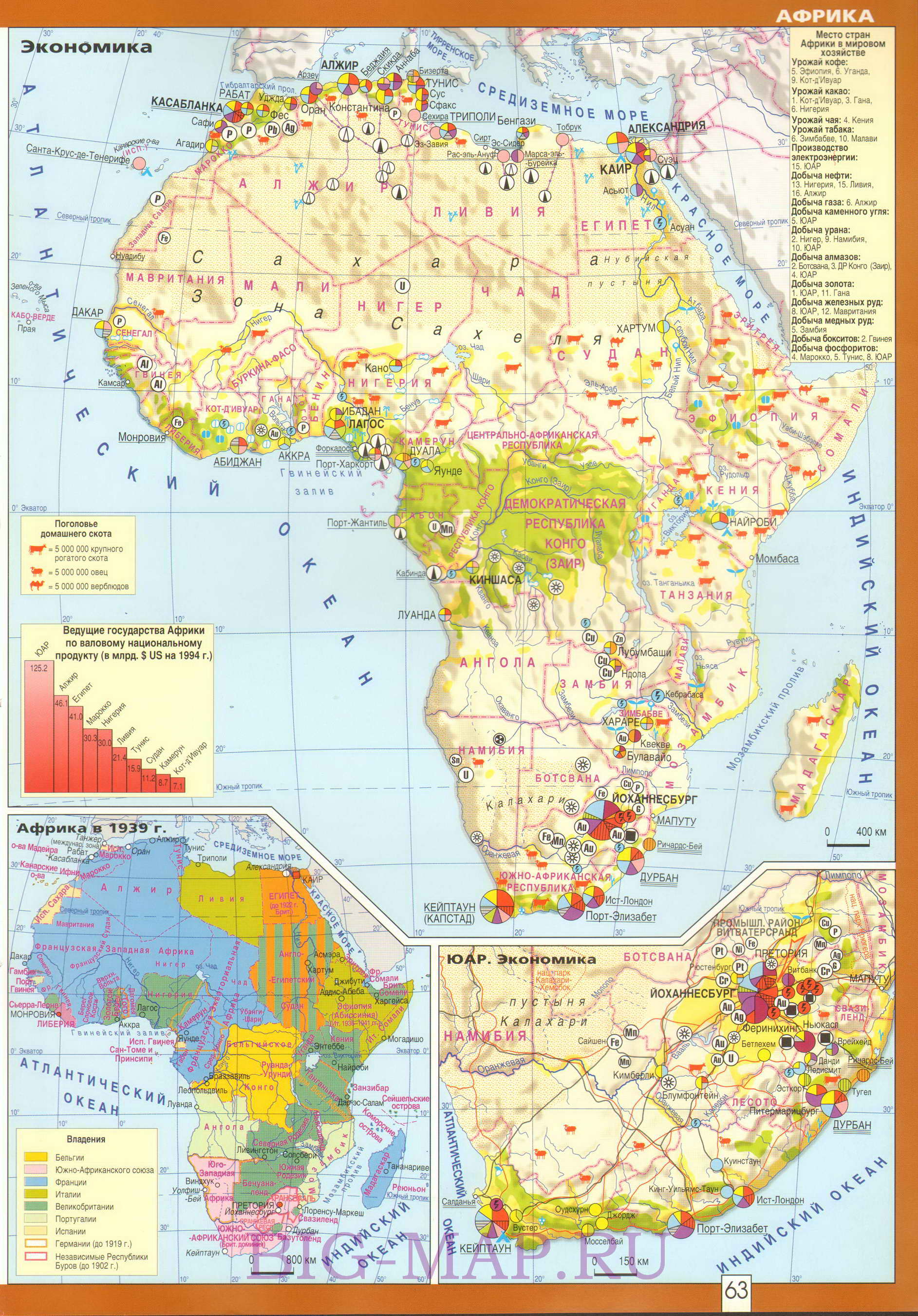 Экономическая карта Африки. Подробная карта экономики Африки на русском языке, A0 - 