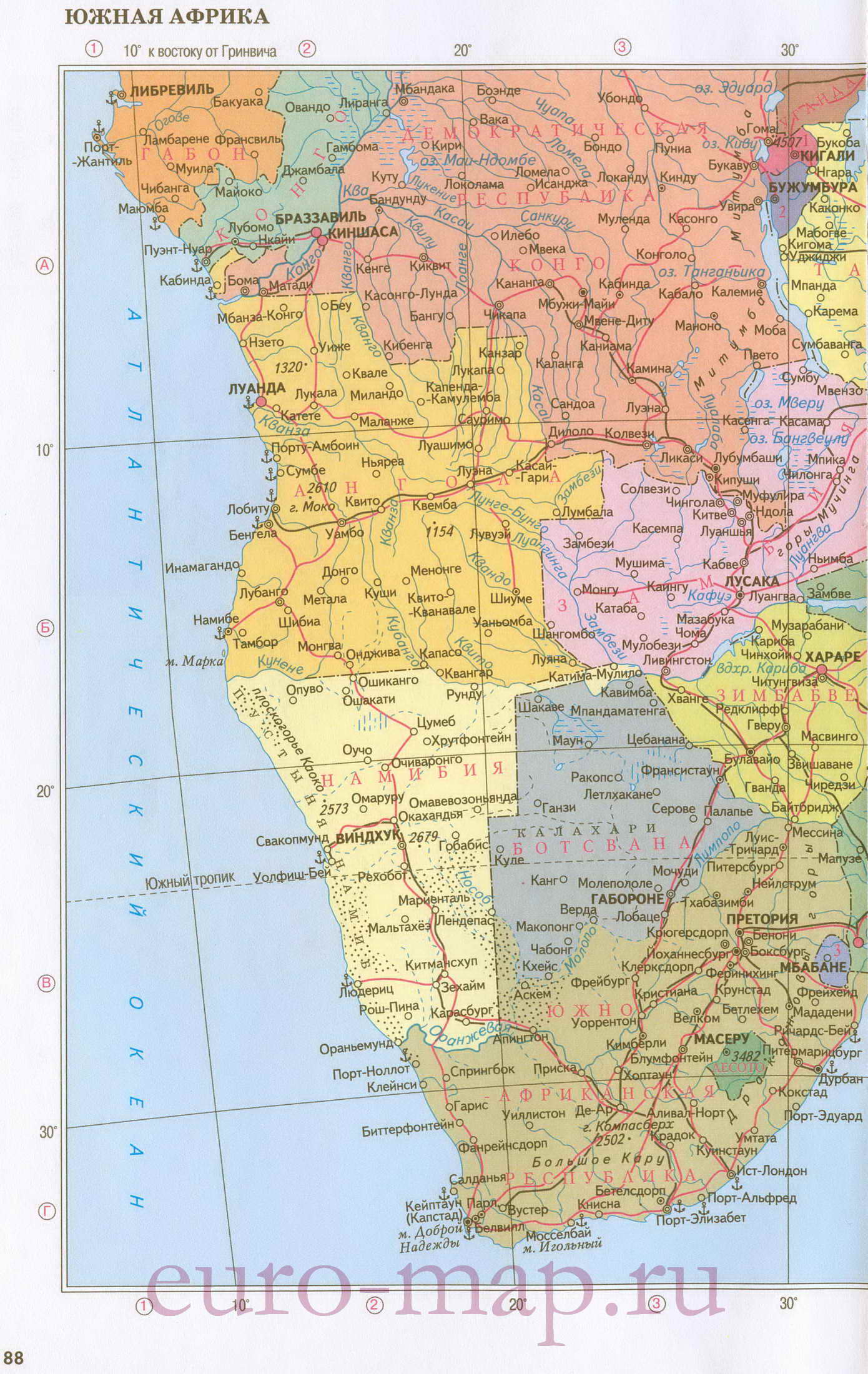 Карта южной Африки. Политическая карта стран южной Африки на русском языке, A0 - 